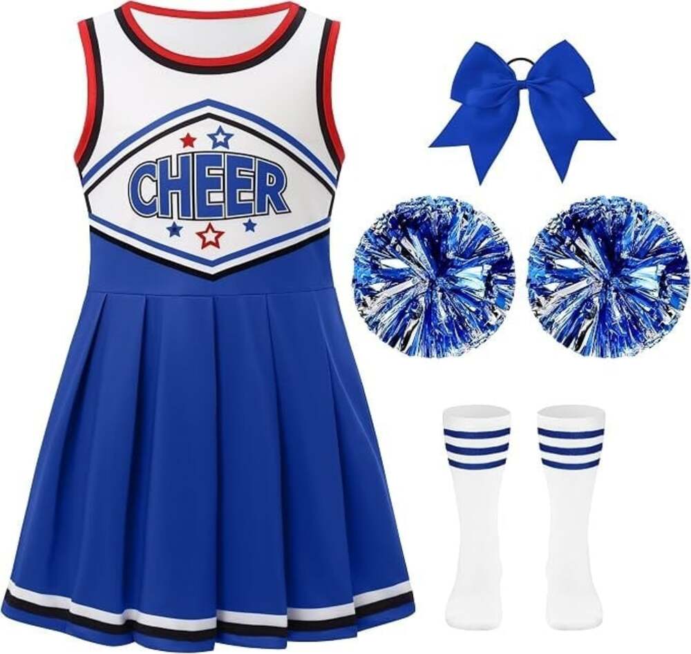 Girls Cheerleader Costume Cheer Outfit Uniform Dress with Pom Poms Set 5-6 yrs